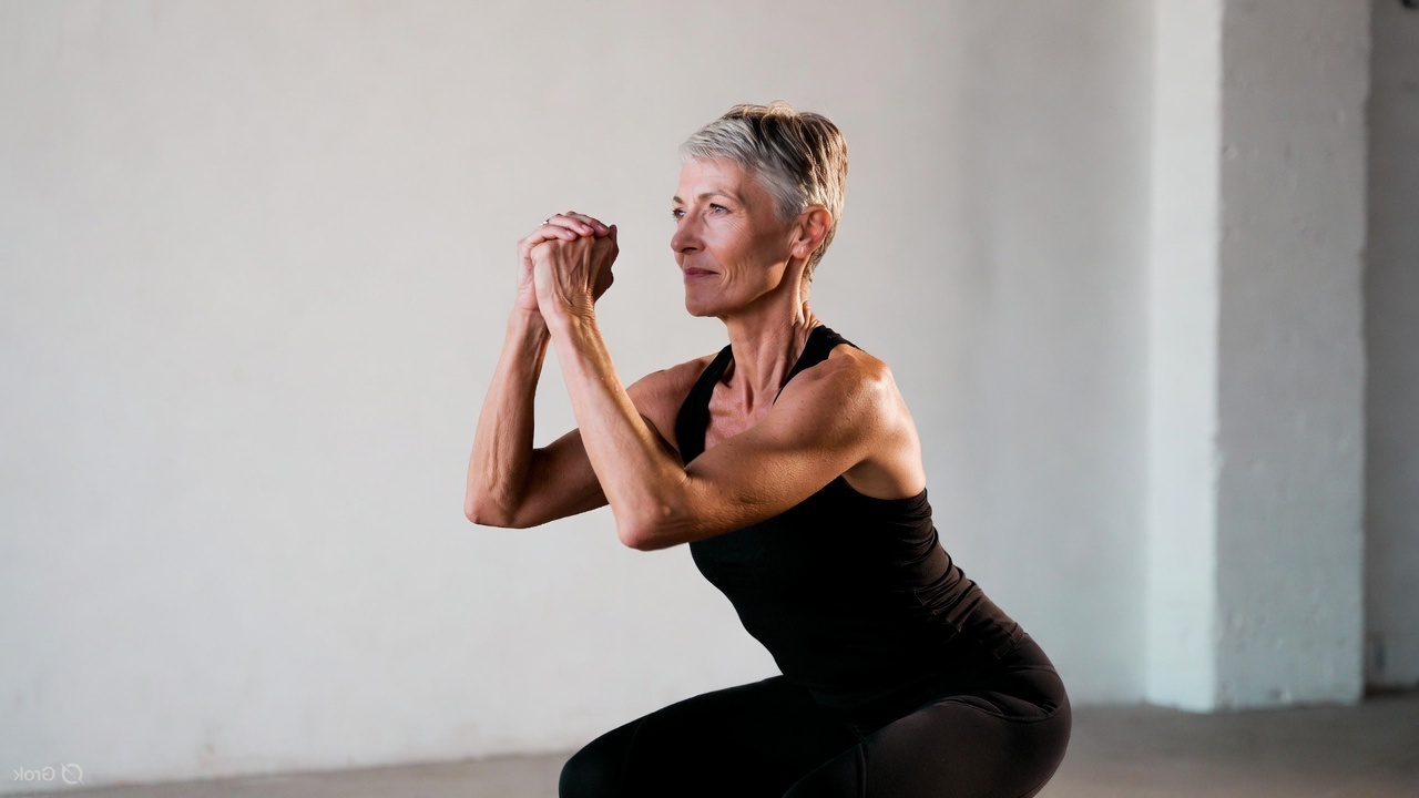 Fit senior woman doing a squat exercise